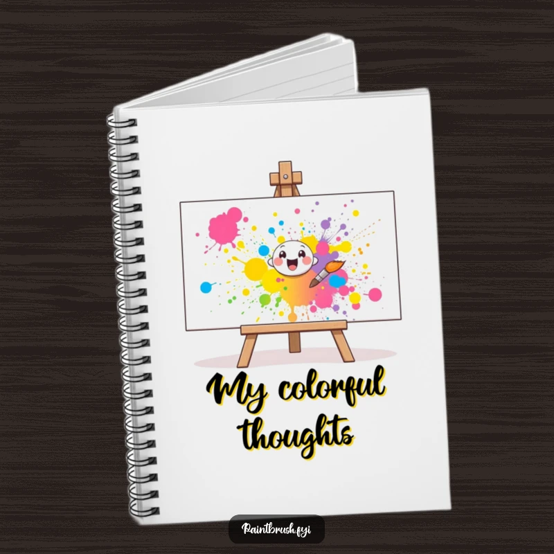 Funny Notebook: A cheerful paintbrush character splatters vibrant paint onto a canvas, perfect for jotting down artistic ideas humorously.