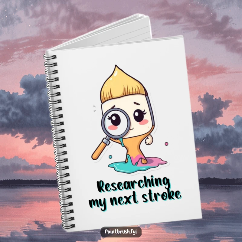 Funny paintbrush character using a magnifying glass on paint, on the cover of a notebook, for jotting down artistic thoughts.