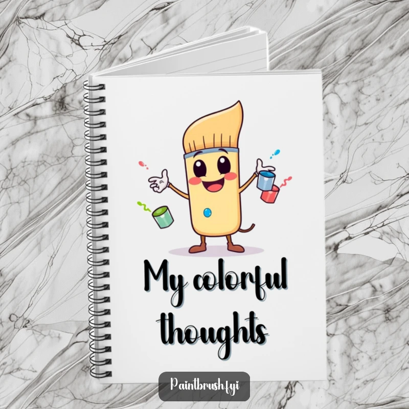 Funny notebook featuring a playful paintbrush character juggling three tiny, bouncing paint pots, ideal for capturing creative thoughts humorously.