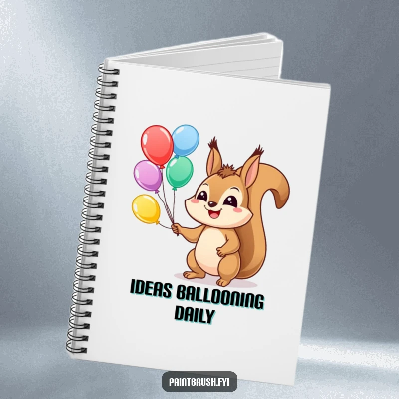Funny Squirrel Notebook with a happy squirrel juggling colorful balloons with a wide grin, perfect for jotting ideas.