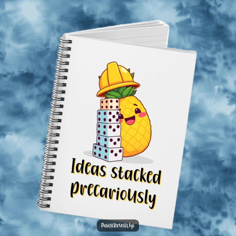 Funny notebook with a cheerful pineapple in a hard hat attempting to build a dice tower, ideal for jotting down humorous ideas.