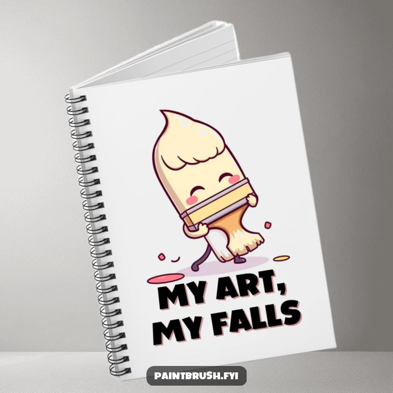 Funny Notebook: A paintbrush character comically tripping over its own bristles, perfect for journaling creative ideas with humor.