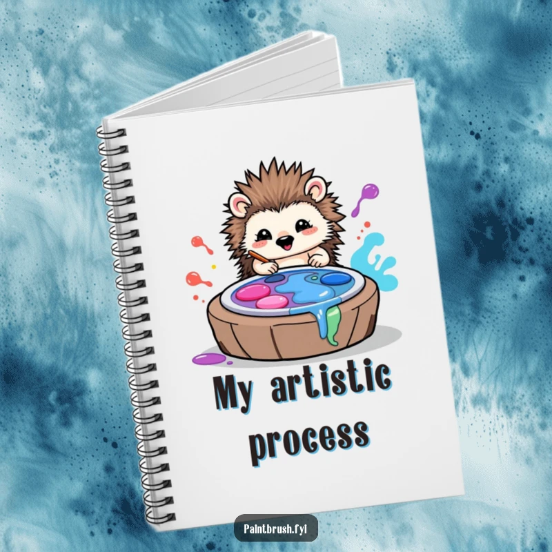 Funny notebook with a cover illustration of a playful hedgehog artist rolling in vibrant paint palettes, inspiring creativity.