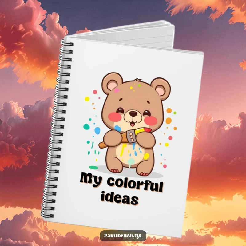 Funny Bear Notebook: A happy bear splattered with rainbow paint attempting to hug a paintbrush, perfect for notes with a humorous touch.