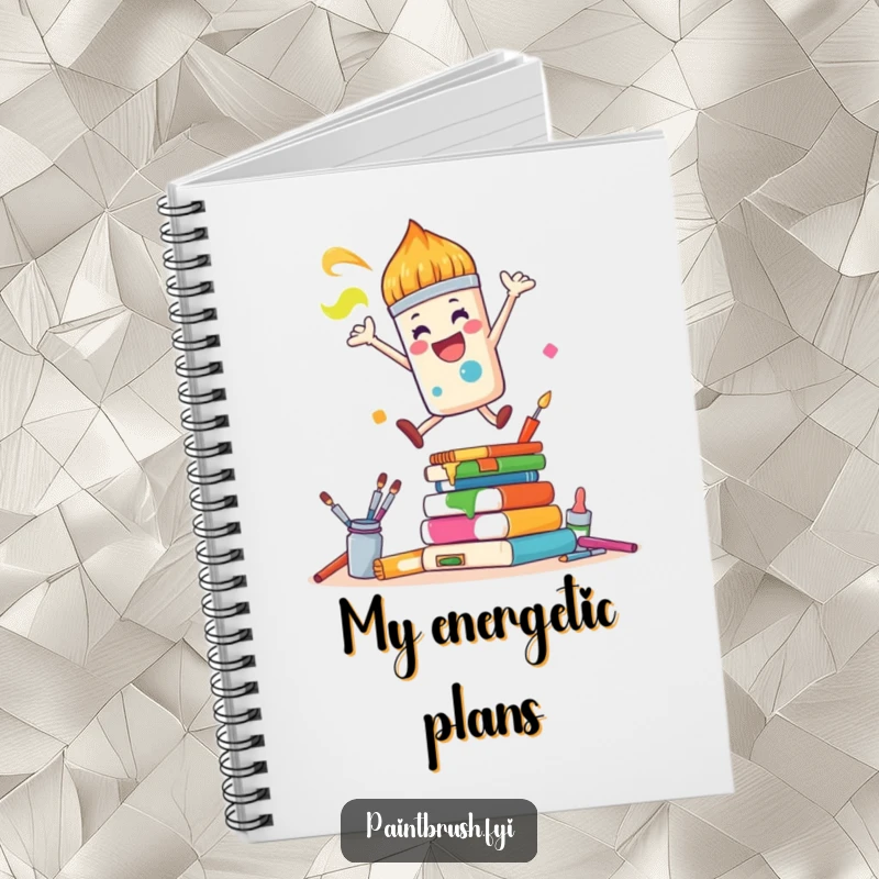 Funny Notebook: A joyful paintbrush character leaps over colorful art supplies, perfect for humorously jotting down inspired ideas.
