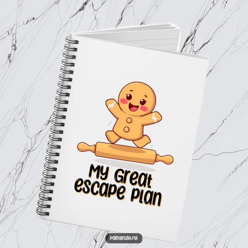 Funny gingerbread cookie character in mid-air, humorously leaping over a rolling pin, ready to inspire creative writing and note-taking.