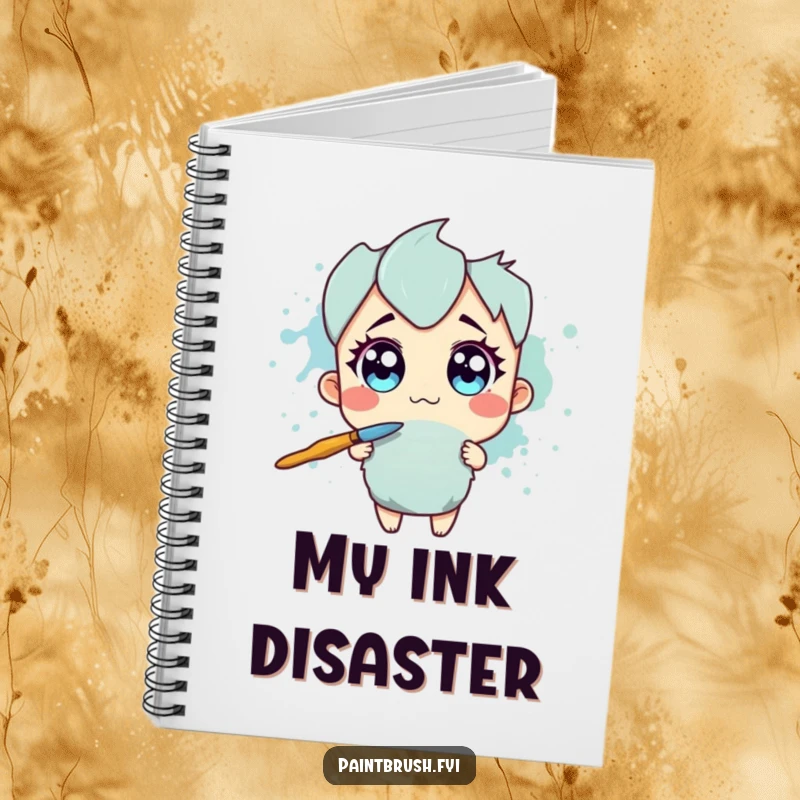 Funny Notebook: Paintbrush character with wide eyes recoiling from a large ink splotch, a humorous item for note-taking.