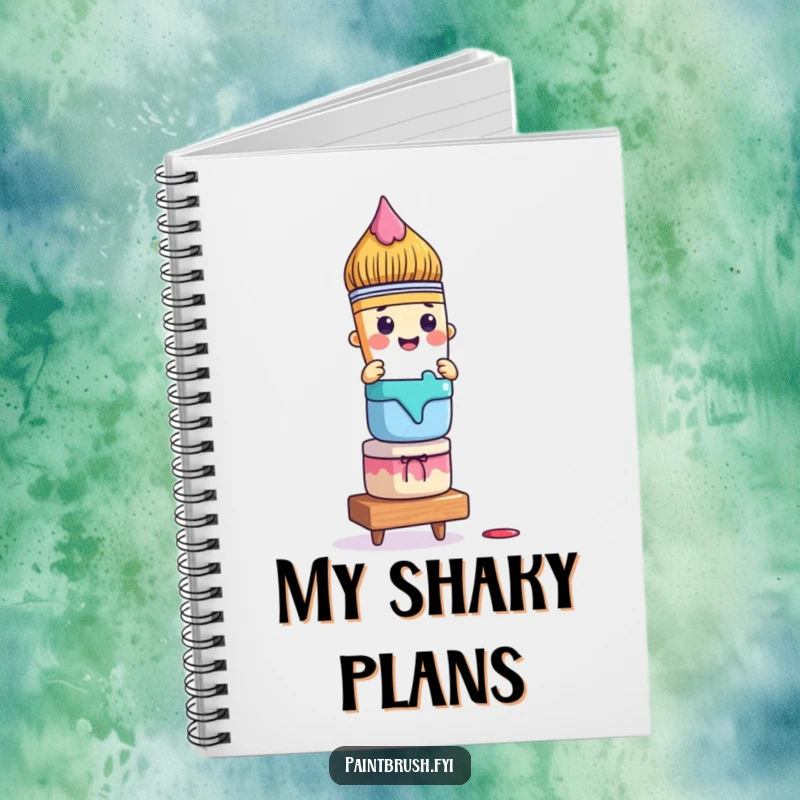 Funny paintbrush notebook with a character precariously balancing colorful paint pots, ideal for jotting down creative plans and ideas.