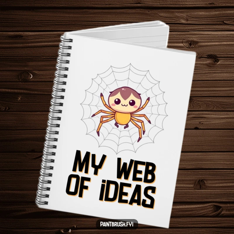 Funny notebook with a focused spider character weaving a perfectly symmetrical web, perfect for sketching, journaling, and planning creative projects.