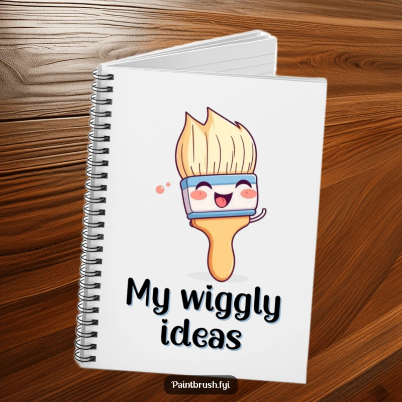 Funny paintbrush notebook with a character playfully wiggling its bristles with glee, ideal for jotting down creative thoughts.