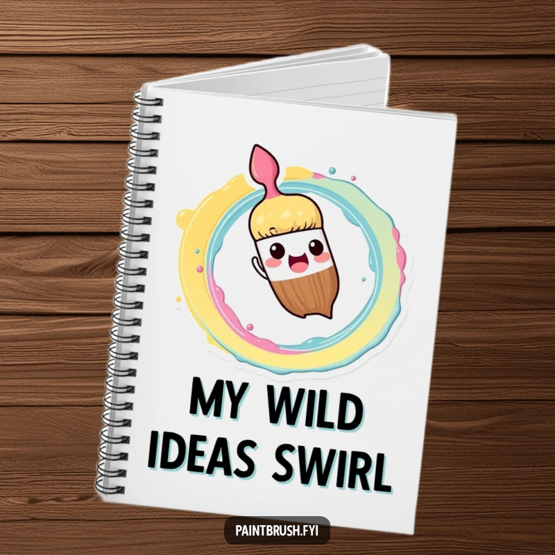 Funny Notebook: Paintbrush character enthusiastically splashing paint in a vibrant spiral pattern, a humorous item for note-taking.