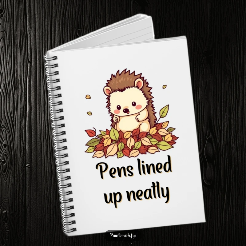 Funny notebook with a neat hedgehog character tidying fallen leaves, perfect for journaling, note-taking, and autumn planning.