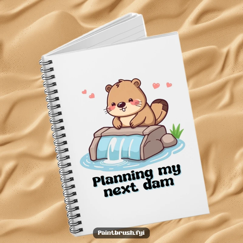 Funny notebook with a diligent beaver character smoothing the edges of a small dam, perfect for note-taking and project planning.