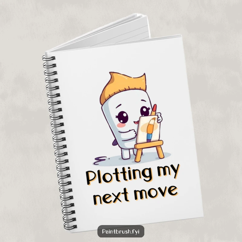 Funny paintbrush character hiding behind a small easel, on the cover of a notebook, for jotting down shy artistic thoughts.