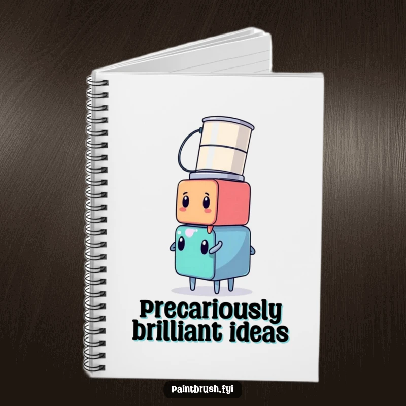 Funny cube character balancing paint cans on its head, with lines for writing, on the cover of a notebook.