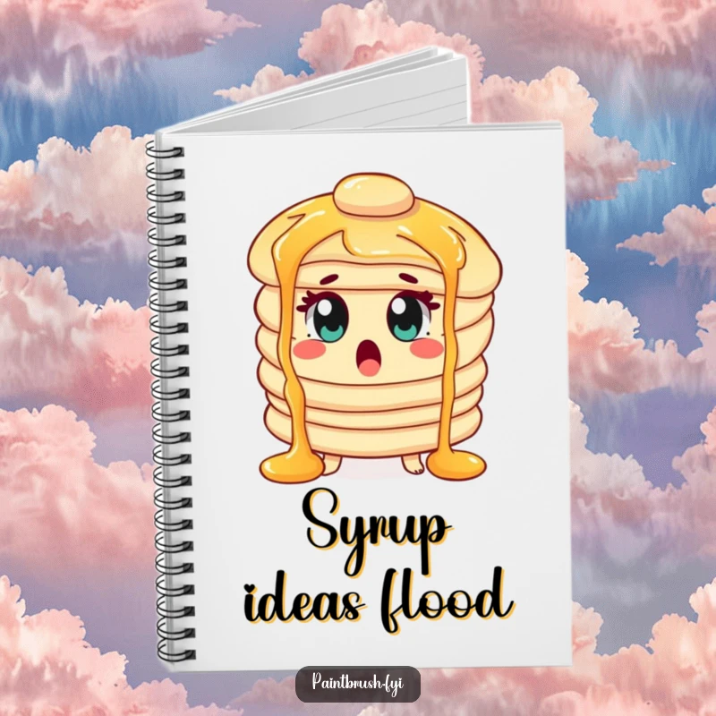 Funny Notebook featuring a surprised pancake character with wide eyes, surrounded by syrup waterfalls.