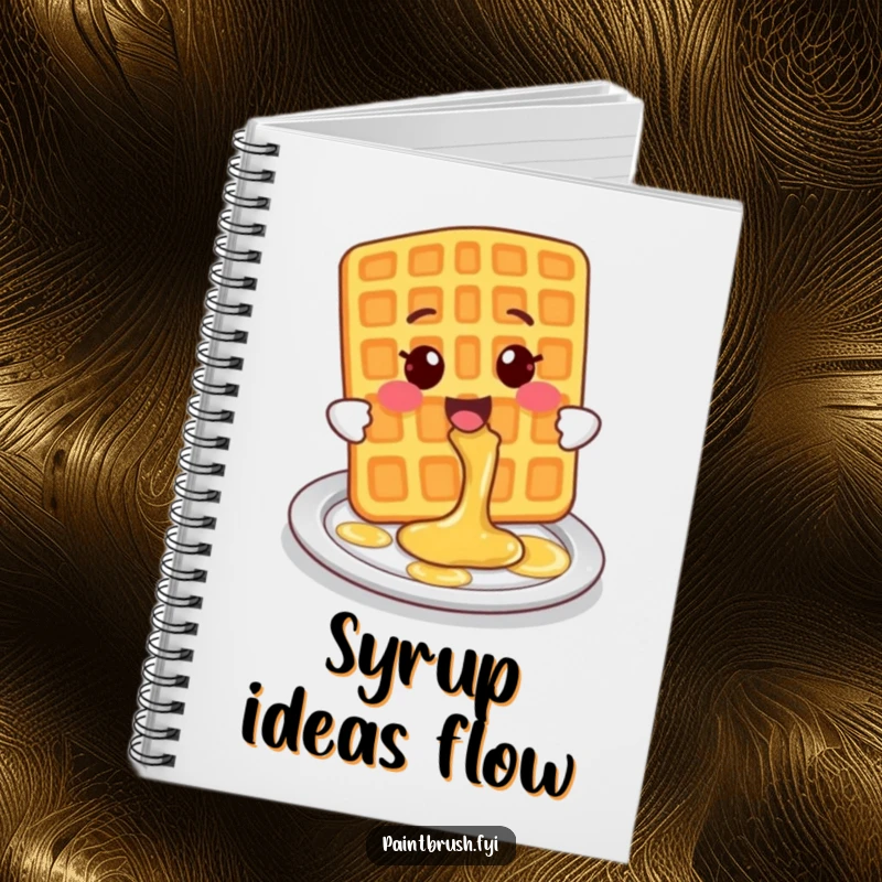 Funny Notebook featuring a smiling waffle character playfully splashing syrup onto a plate, perfect for notes.