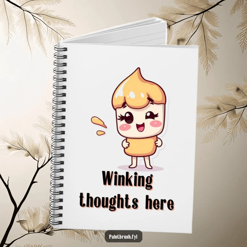 Funny notebook cover with a paintbrush character giving a charming wink, featuring a colorful paint streak.