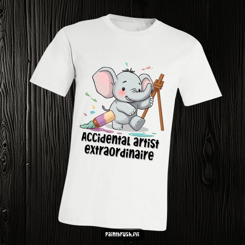 Funny t-shirt depicting a clumsy elephant stumbling over a huge paintbrush, causing a delightful and colorful paint splatter.