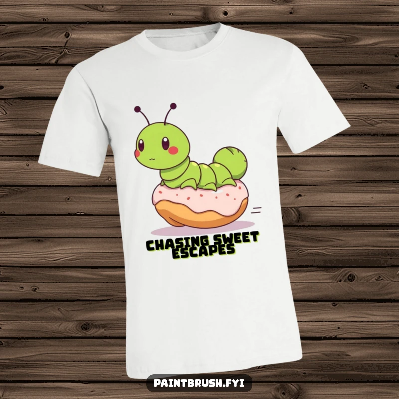 Funny t-shirt featuring a determined caterpillar desperately riding a runaway rolling donut, conveying a sense of chaotic fun and resilience.