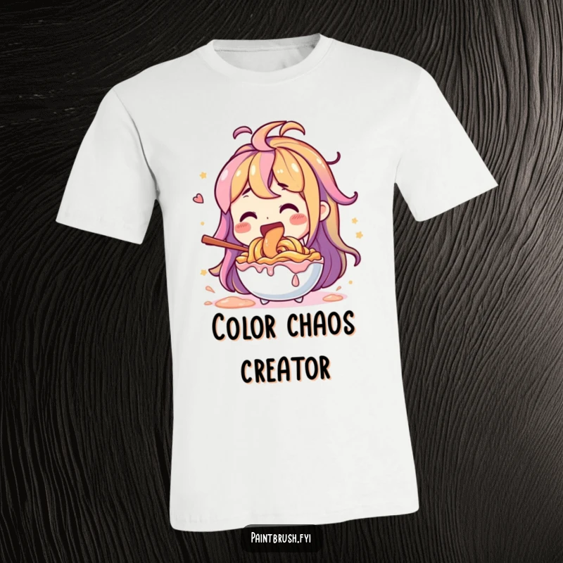 Funny character with immense joy, stirring vibrant paint colors with a giant tool, a t-shirt.