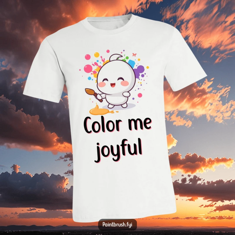 Funny t-shirt featuring a small round character joyfully splattering rainbow colors with a paintbrush, showcasing artistic freedom and delight.