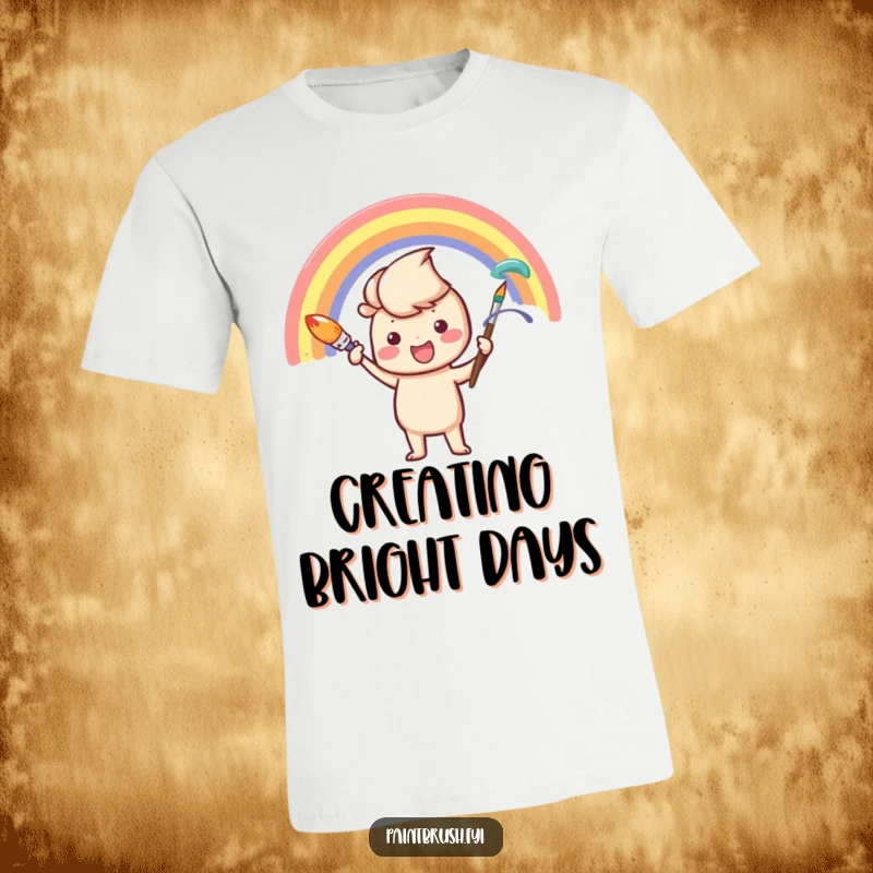 Funny T-Shirt: An enthusiastic paintbrush character joyfully paints a colorful rainbow arc, celebrating creativity and optimism.