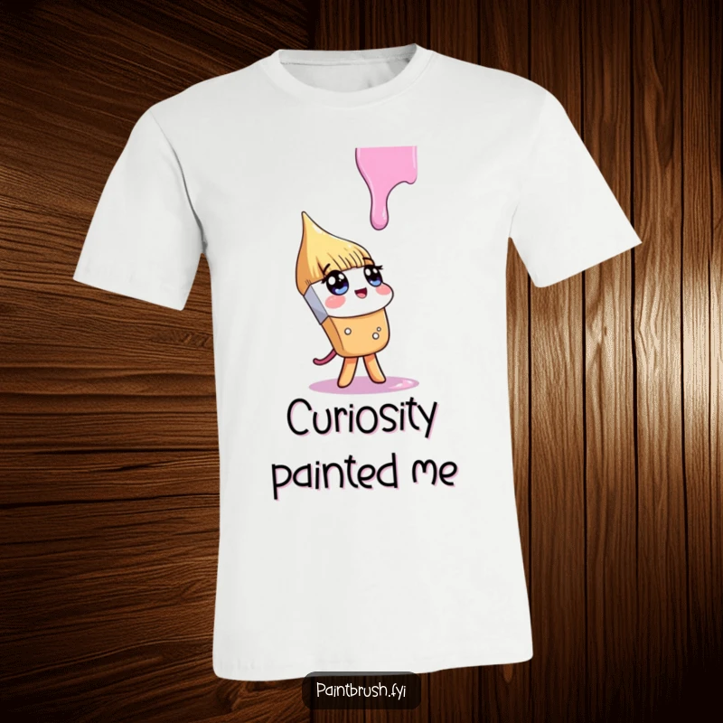 Funny t-shirt featuring a paintbrush character looking up with curiosity at a solitary, descending drip of paint, symbolizing artistic wonder.