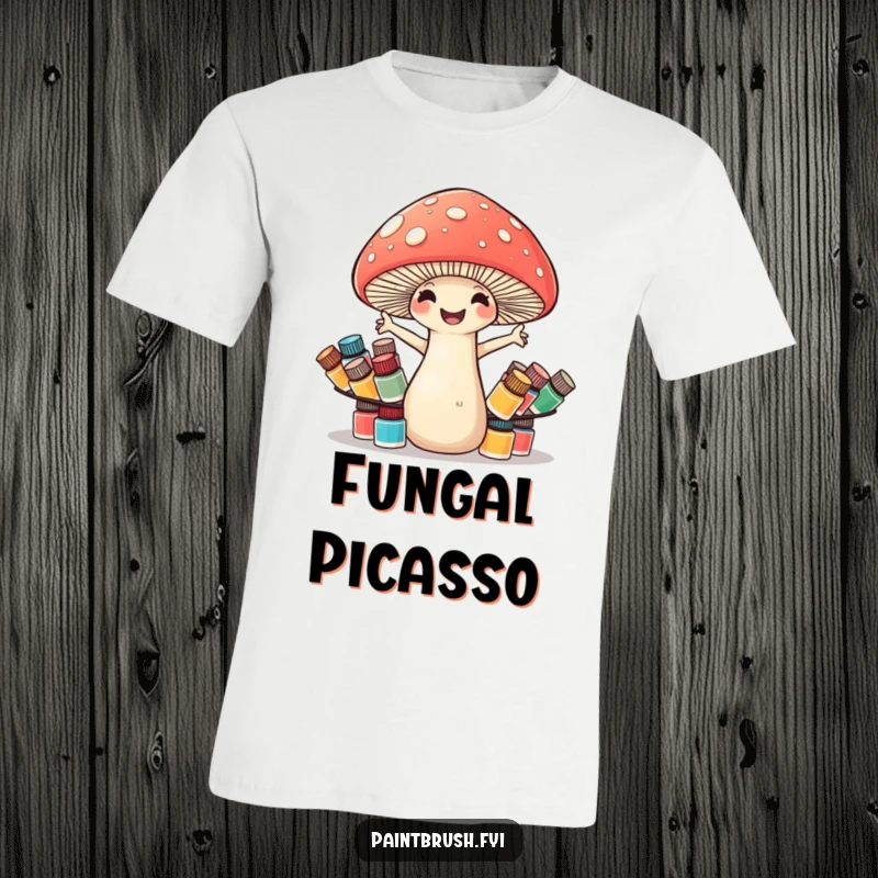 Funny mushroom t-shirt with a cheerful mushroom struggling to balance numerous tiny paint pots, showcasing artistic flair.