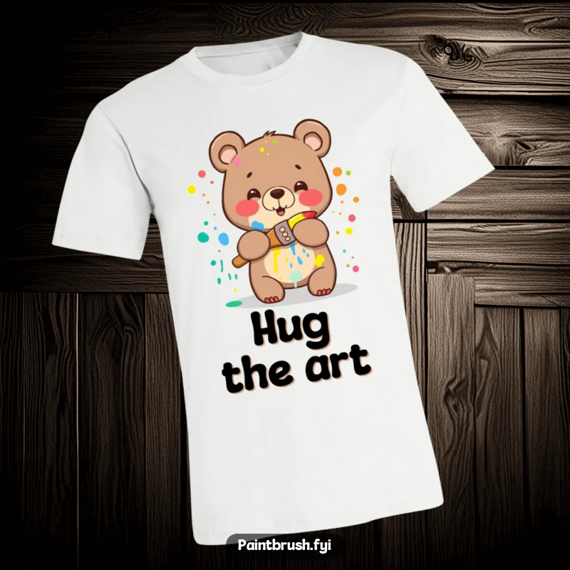 Funny Bear T-Shirt: A happy bear splattered with rainbow paint attempting to hug a paintbrush, highlighting its joyful and comical approach to art.