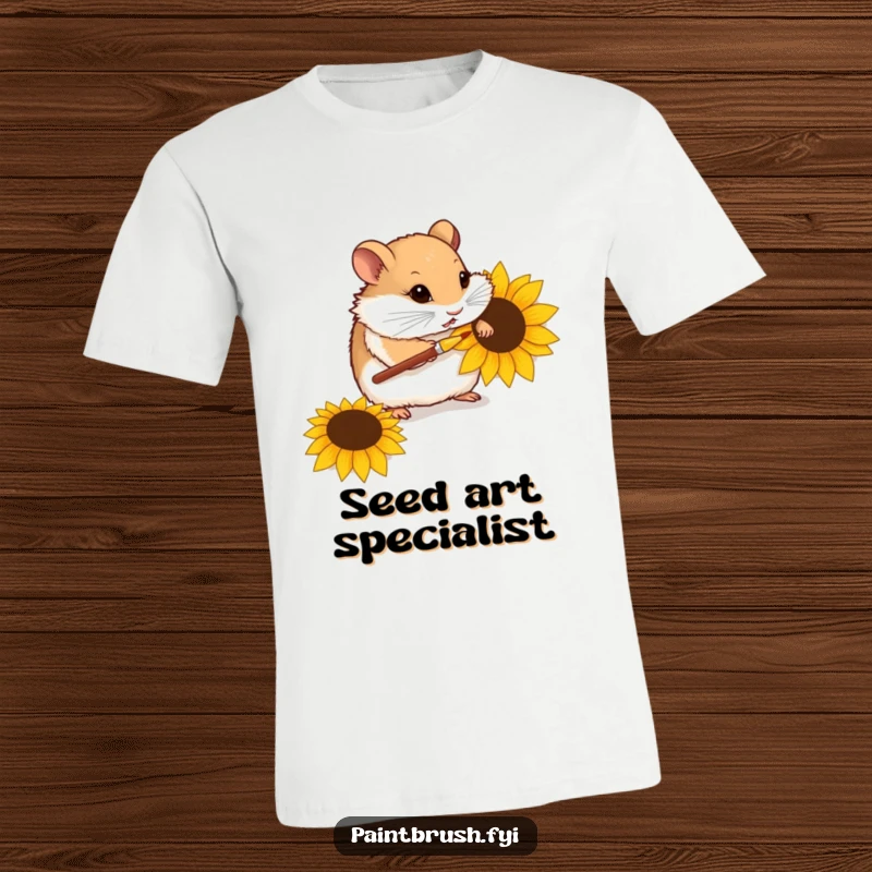 Funny t-shirt of a curious hamster carefully decorating a sunflower seed with a tiny paintbrush, highlighting its artistic focus.