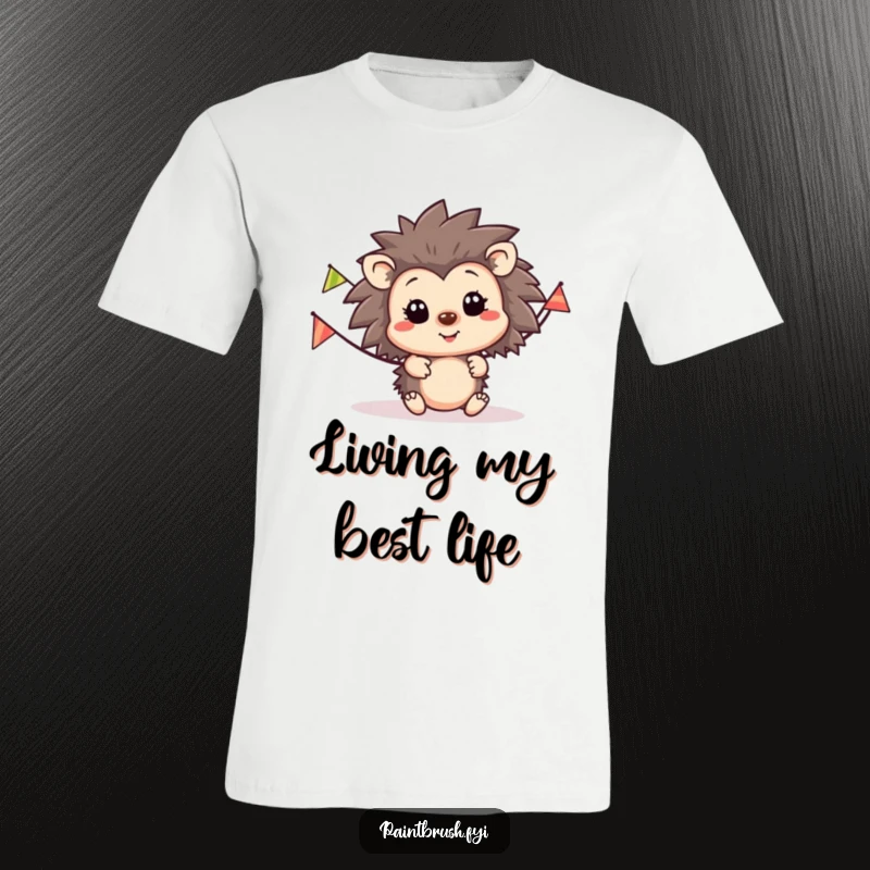 Funny hedgehog party t-shirt, happy hedgehog character with a colorful striped party banner, symbolizing fun and cheer.