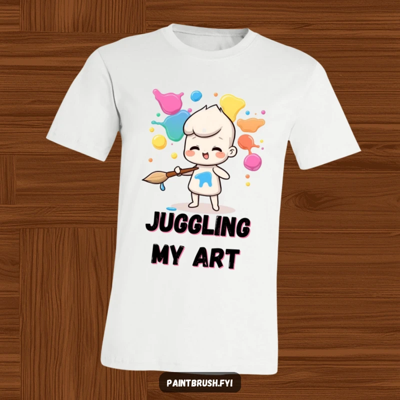 Funny t-shirt design of a paintbrush character skillfully juggling various colorful paint blobs, showcasing artistic flair.
