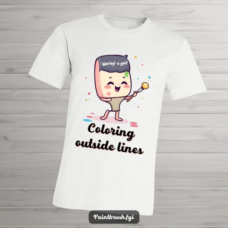 Funny t-shirt featuring a gleeful paintbrush character exuberantly tossing a blob of paint like confetti, symbolizing artistic fun and celebration.