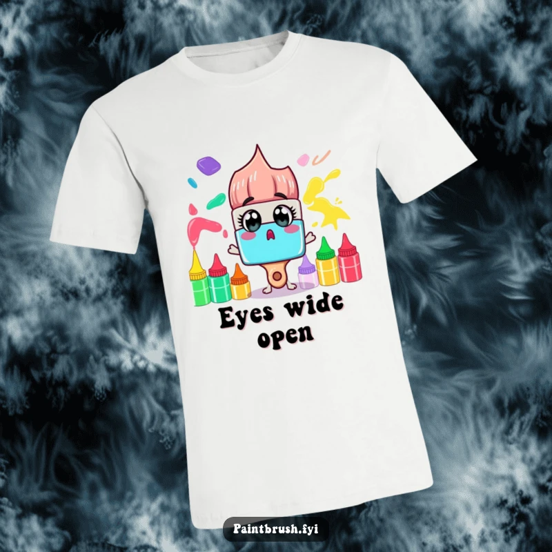 Funny T-Shirt: A surprised paintbrush character with wide eyes looks at a vibrant rainbow of paint tubes, depicting artistic awe humorously.