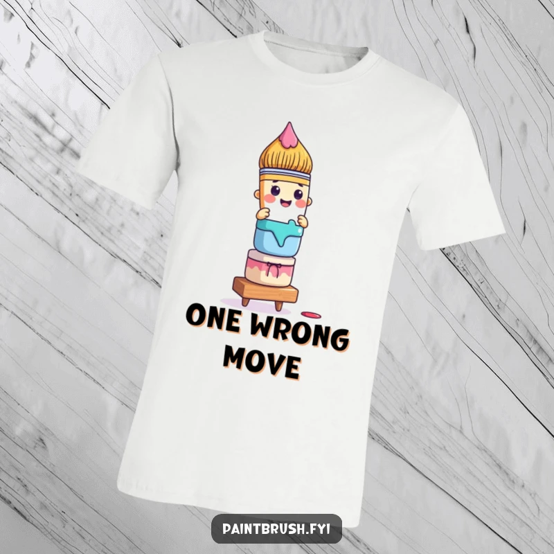Funny paintbrush t-shirt depicting a character balancing a tall stack of colorful paint pots, symbolizing artistic effort and humor.