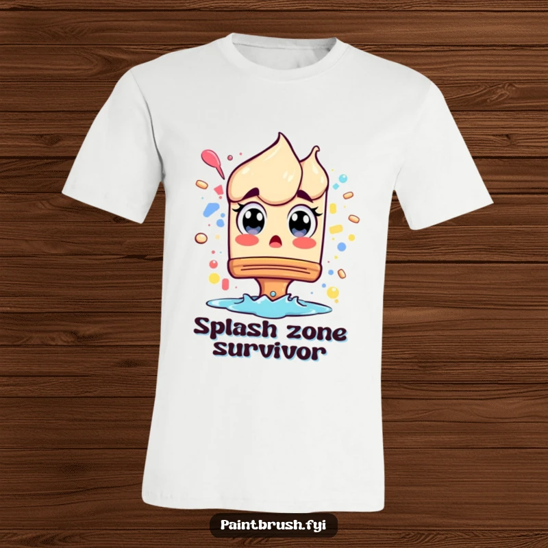 Funny T-Shirt: A paintbrush character with comically wide eyes reacting to a sudden splash, capturing a moment of artistic shock.
