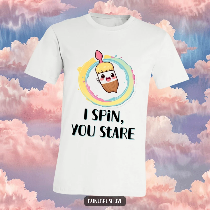 Funny T-Shirt: Paintbrush character enthusiastically splashing paint in a dynamic spiral pattern, showcasing artistic energy.