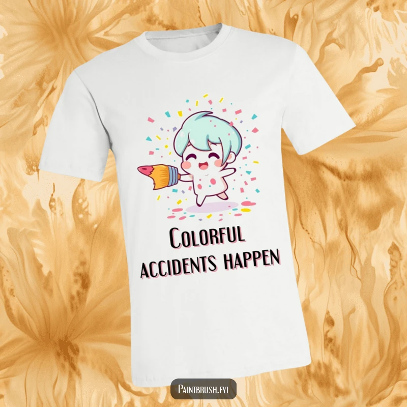 Funny paintbrush character tripping and scattering colorful paint confetti on this vibrant and humorous t-shirt.