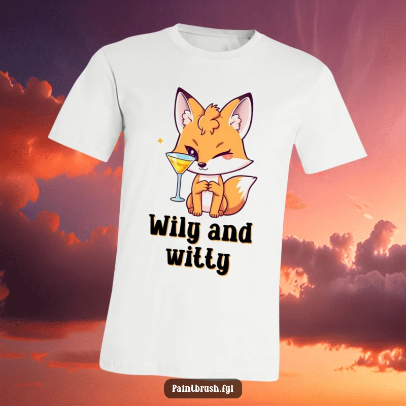 Funny Fox T-Shirt featuring a sly character winking while holding a cocktail glass, perfect for stylish evenings.
