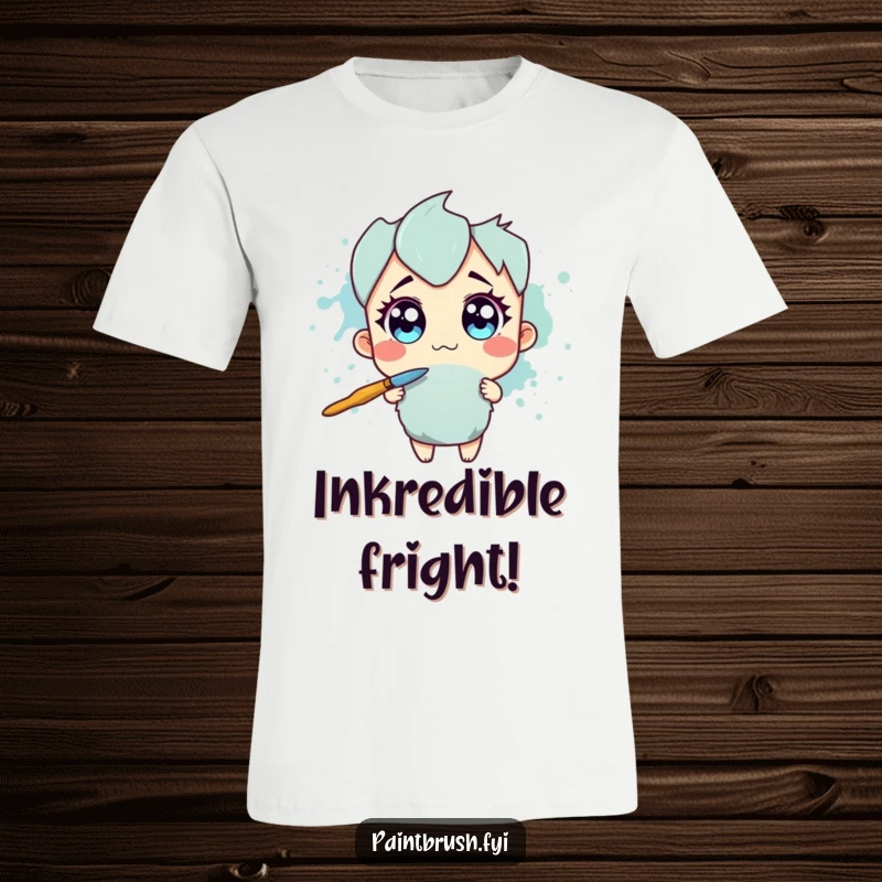Funny T-Shirt: Paintbrush character with wide eyes recoiling from a large ink splotch, expressing comical shock.