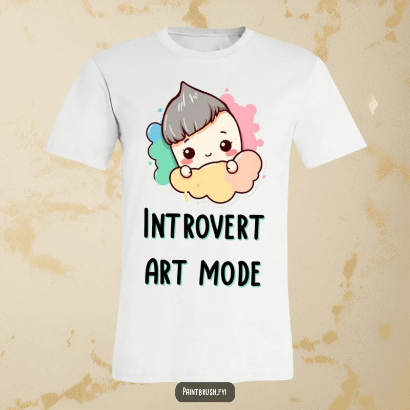 Funny T-Shirt: A shy paintbrush character hiding behind a blob of color, symbolizing quiet creativity and artistic introversion.