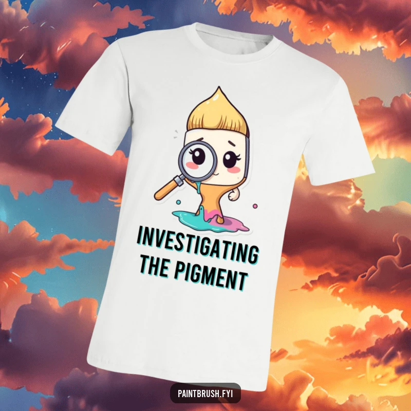 Funny paintbrush character with a magnifying glass scrutinizing paint, on a t-shirt, capturing artistic inquiry and a funny gift.