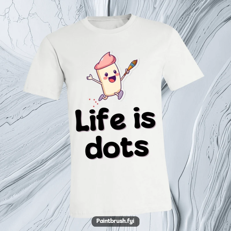 Funny T-Shirt showcasing an excited paintbrush character mid-leap, with a dotted trail symbolizing creative energy.