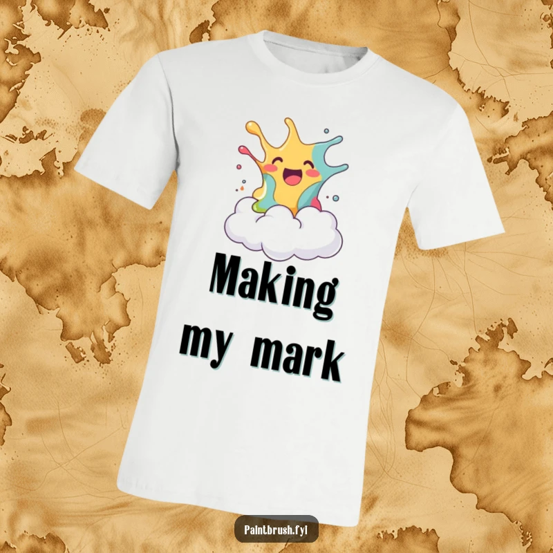 Funny t-shirt featuring a blob of paint joyfully splashing onto a surprised fluffy cloud, embodying humorous creativity and whimsy, a funny gift.