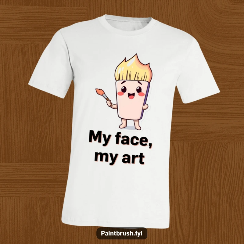 Funny paintbrush character with a silly, exaggerated face holding a brush on this humorous t-shirt.