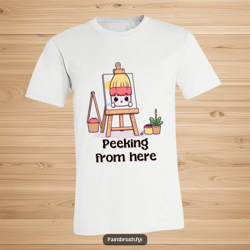 Funny T-Shirt: A shy paintbrush character peeks from behind a very large art easel, depicting artistic bashfulness humorously.