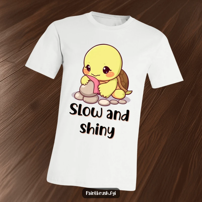 Funny t-shirt of a turtle character diligently polishing one shiny pebble with a cloth, showcasing calm dedication.