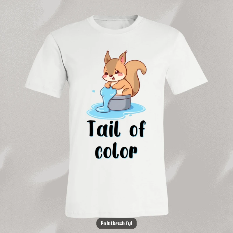 Funny squirrel t-shirt depicting a mischievous squirrel accidentally dipping its tail into a bucket filled with vibrant blue paint.