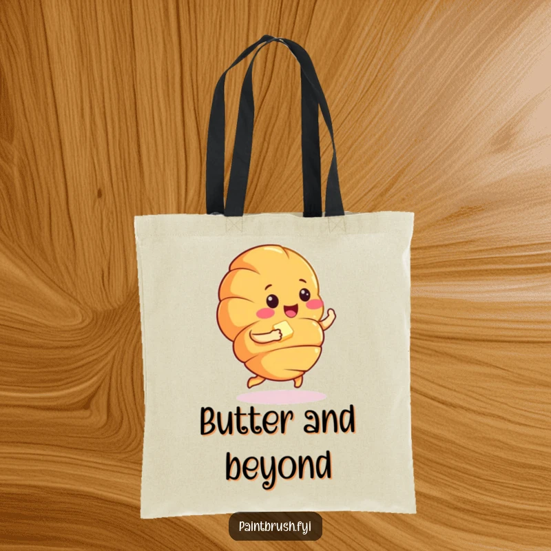 Funny croissant character joyfully doing a lively jig with a pat of butter, perfect for carrying treats and smiles.